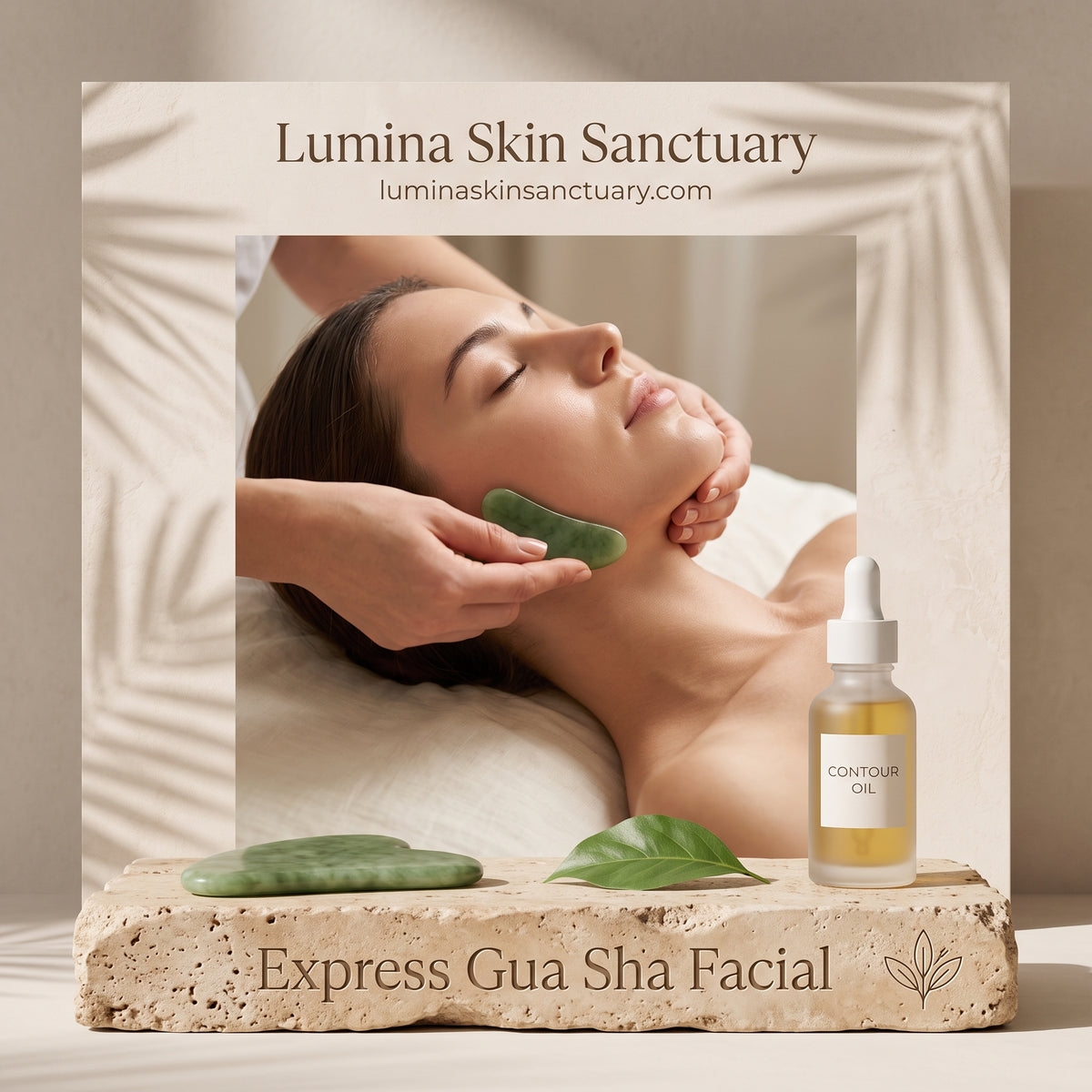 Express Gua Sha Facial branded card featuring green jade jawline sculpting tool at Lumina Skin Sanctuary Fort Myers