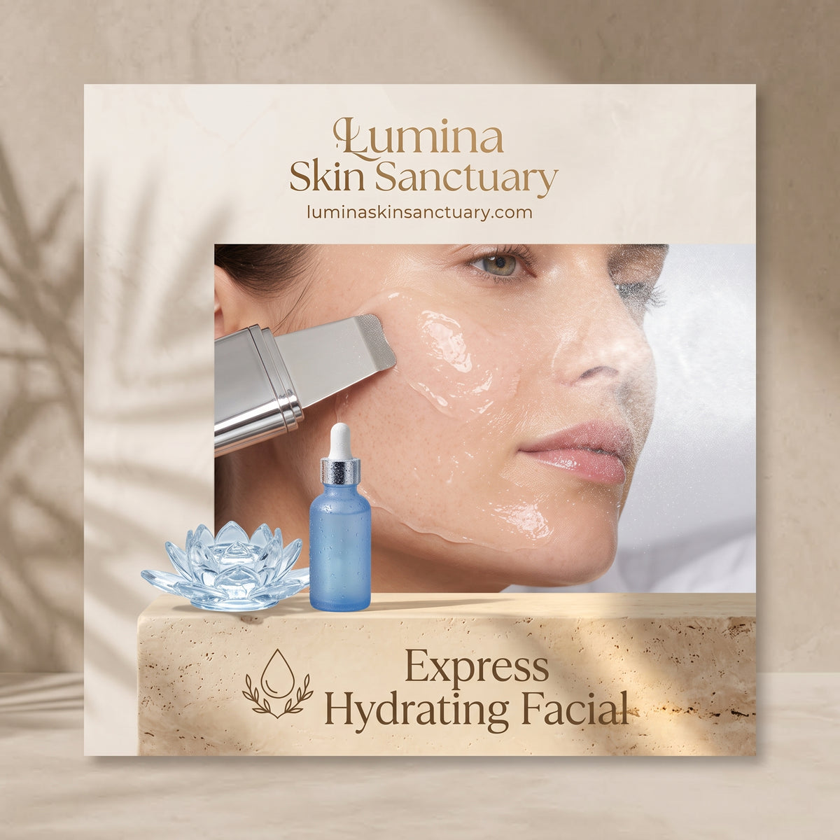 Express Hydrating Facial branded card showing ultrasonic hydration mist infusion at Lumina Skin Sanctuary Fort Myers