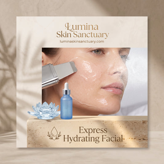 Express Hydrating Facial branded card showing ultrasonic hydration mist infusion at Lumina Skin Sanctuary Fort Myers