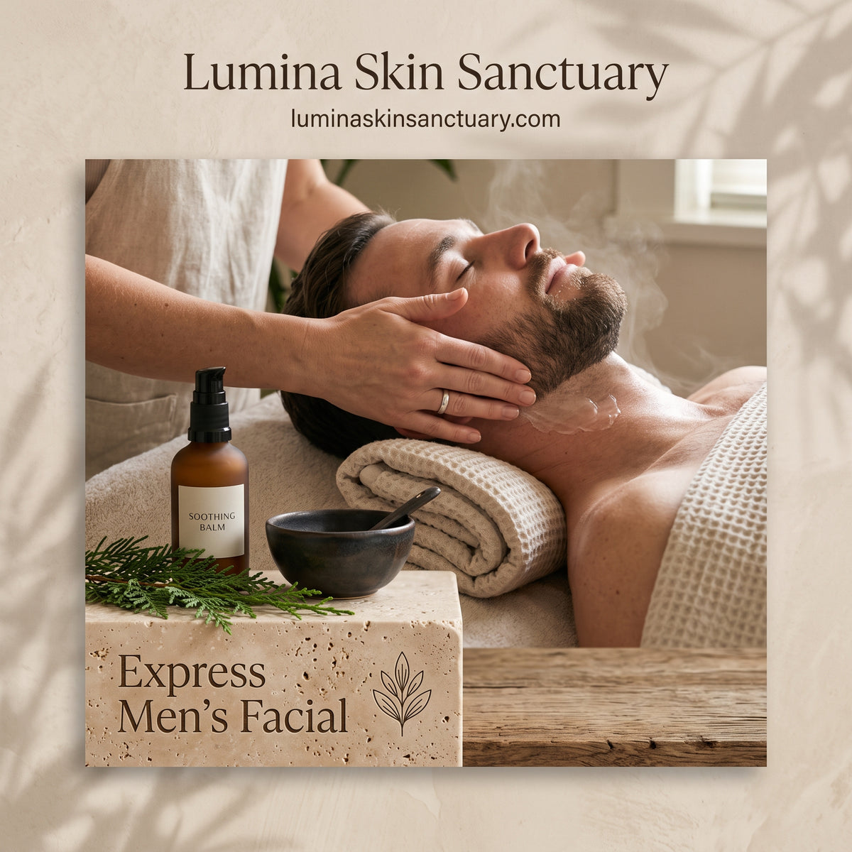 Express Men’s Facial branded card featuring razor-soothing botanicals and cedar accents at Lumina Skin Sanctuary Fort Myers.