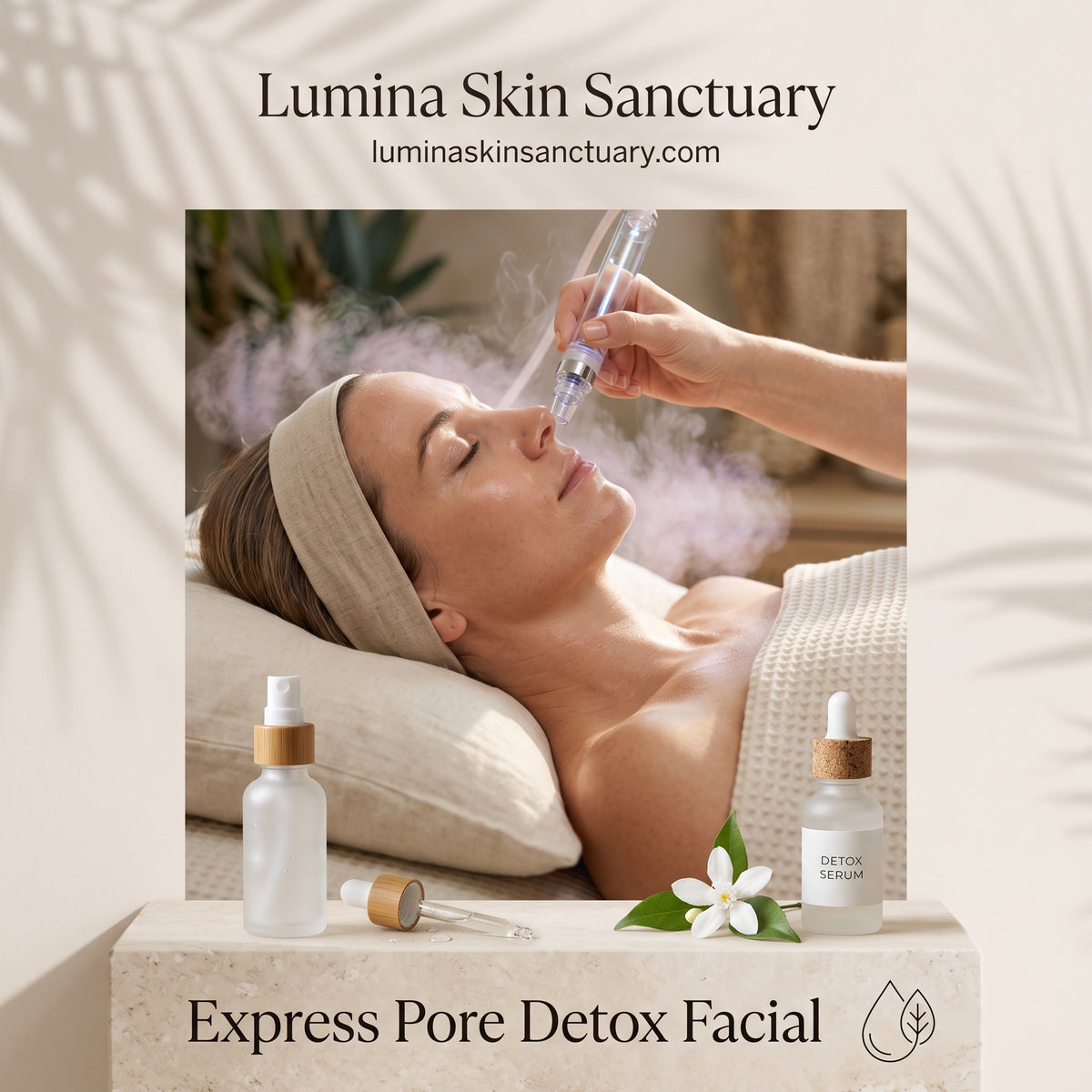 Express Pore Detox Facial branded card displaying pore vacuum extraction and hydration mist in Fort Myers studio.