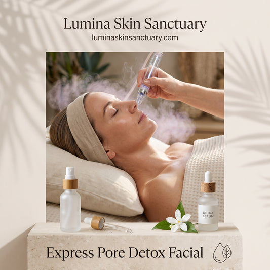 Express Pore Detox Facial branded card displaying pore vacuum extraction and hydration mist in Fort Myers studio.