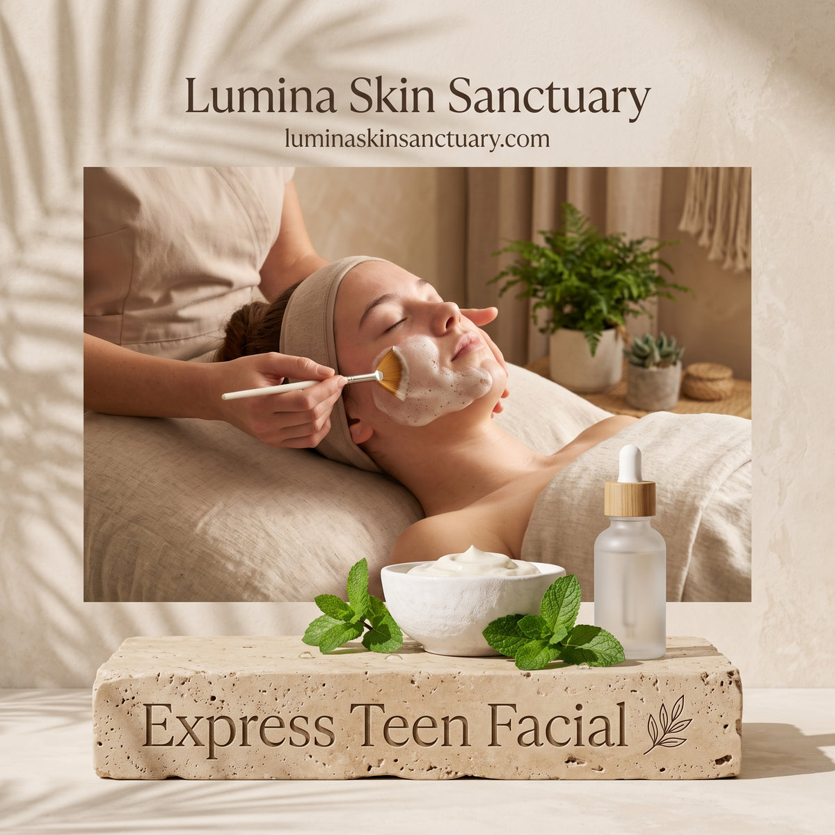 Express Teen Facial branded service card featuring gentle botanical cleanse and skincare education at Lumina Skin Sanctuary in Fort Myers, FL.