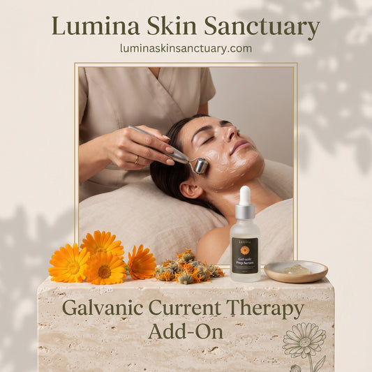 Galvanic Current Therapy branded service card featuring esthetician, galvanic roller, gel, and calendula flowers.