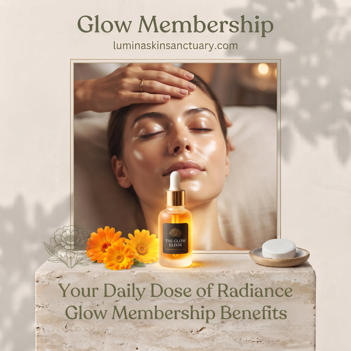 Glow Membership card featuring a glowing elixir, marigold flowers, and a deeply relaxed client at Lumina Skin Sanctuary.