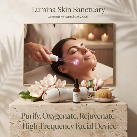 High-Frequency Facial Device card with magnifying magnolia flowers and device at Lumina Skin Sanctuary.