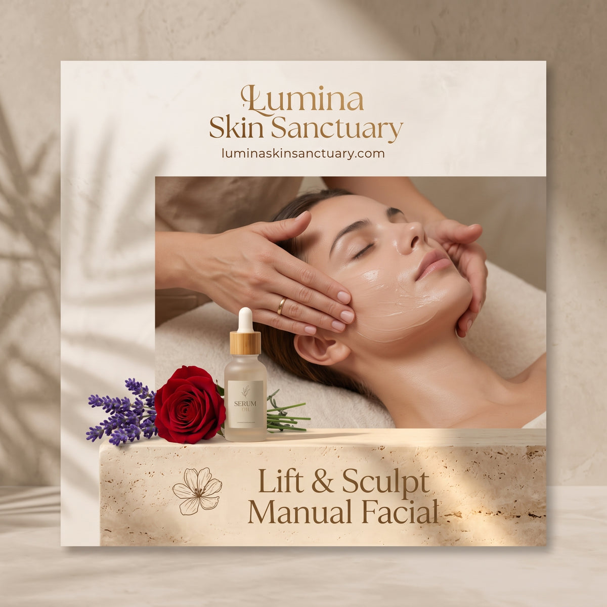 Deep Renewal Manual Facial branded service card featuring lotus and lavender botanicals in Fort Myers private studio