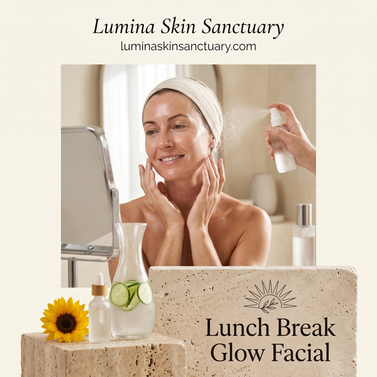 Lunch Break Glow Facial card showing a smiling woman misting her face beside a cucumber water carafe and a sunflower at Lumina Skin Sanctuary in Fort Myers, FL