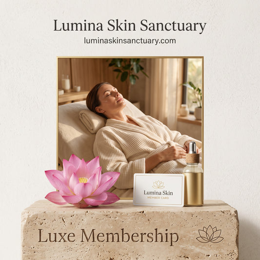 Luxe Membership tier card featuring full sacred lotus bloom and luxury treatment perks at Lumina Skin Sanctuary Fort Myers.