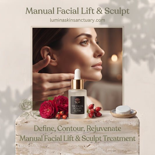 Manual Facial Lift & Sculpt treatment card with sculpting elixir and defined facial profile at Lumina Skin Sanctuary.
