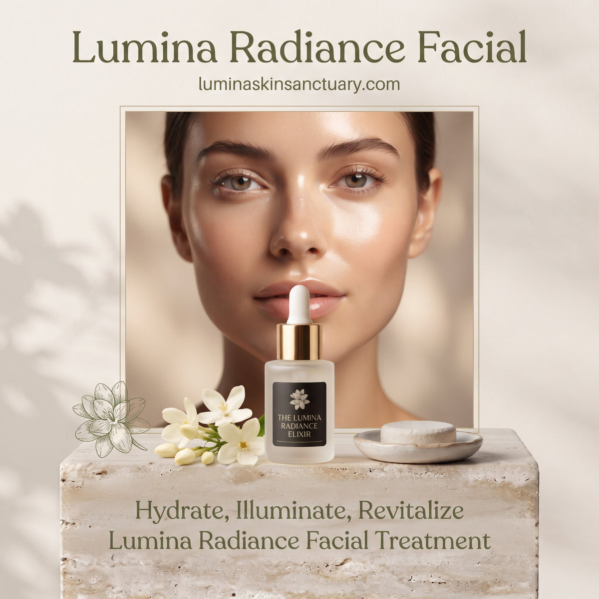 Lumina Radiance Facial card with illuminating jasmine elixir and glowing, dewy skin at Lumina Skin Sanctuary.