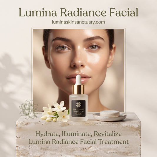 Lumina Radiance Facial card with illuminating jasmine elixir and glowing, dewy skin at Lumina Skin Sanctuary.