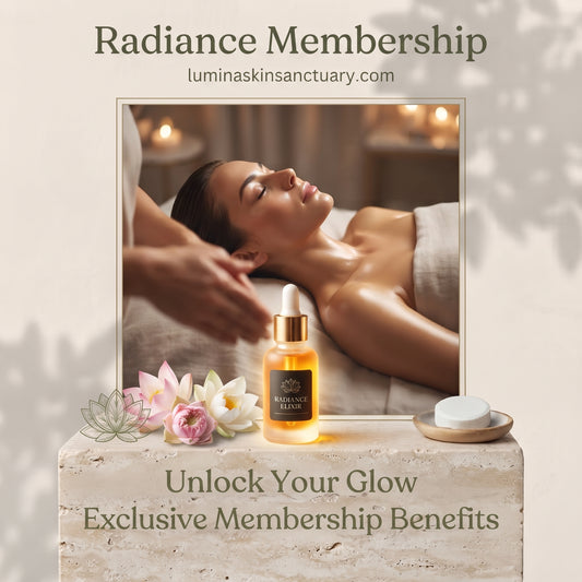 Radiance Membership card featuring a glowing wellness elixir, lotus flowers, and radiant skincare treatment at Lumina Skin Sanctuary.