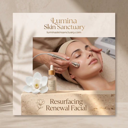 Resurfacing Renewal Facial branded service card featuring fresh magnolia flower at Lumina Skin Sanctuary in Fort Myers,