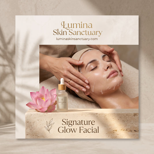 Signature Glow Facial service card with sacred lotus botanical theme for Lumina Skin Sanctuary in Fort Myers, FL