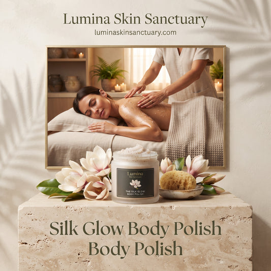 Silk Glow Body Polish treatment card with nourishing magnolia flowers and scrub at Lumina Skin Sanctuary.
