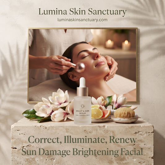 Sun Damage Brightening Facial card with Vitamin C serum and botanical magnolia flowers.