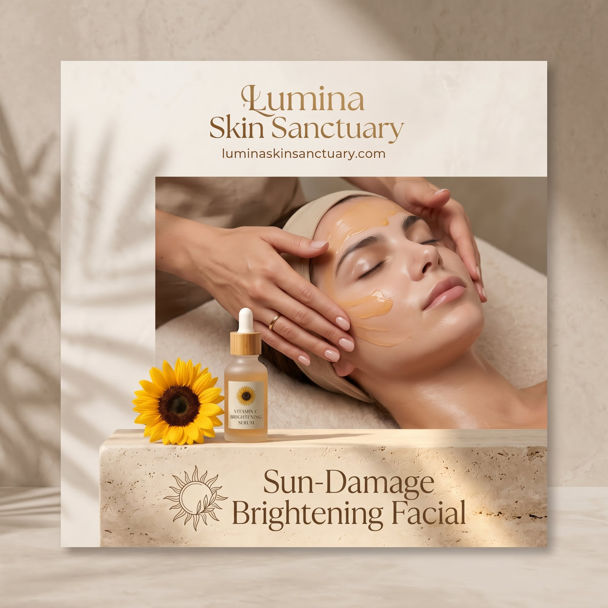 Sun-Damage Brightening Facial branded service card featuring vibrant sunflower botanicals at Lumina Skin Sanctuary in Fort Myers, FL