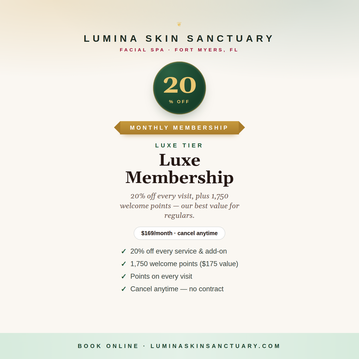 Luxe Membership — 20% off, Lumina Skin Sanctuary, Fort Myers