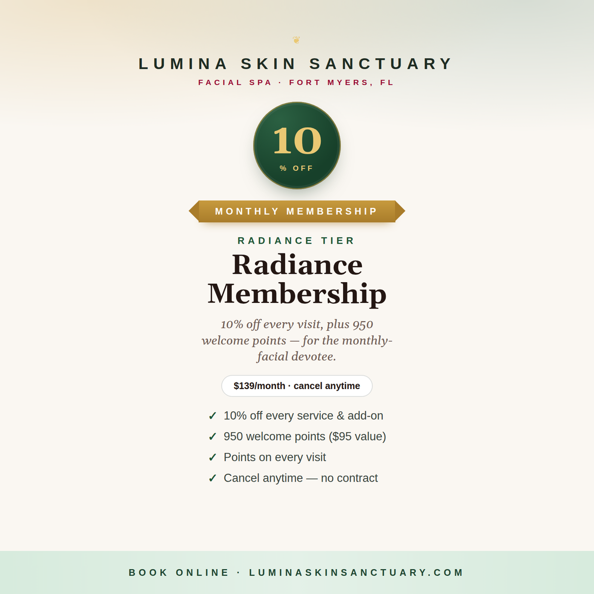 Radiance Membership — 10% off, Lumina Skin Sanctuary, Fort Myers